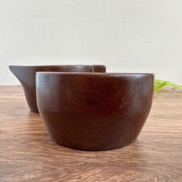 Mid Century Handcrafted Mahogany Sugar Bowl & Creamer Set Made In Haiti - Picture 5 of 9